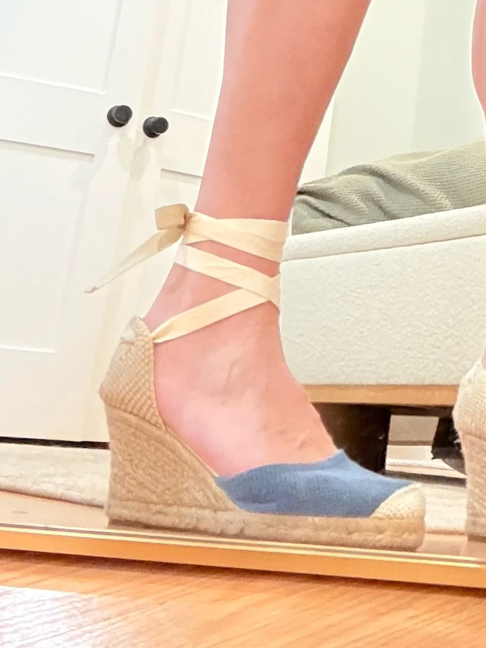Jeffrey Campbell Adorra Espadrille Wedge in blue punched suede w Cream Ankle Tie